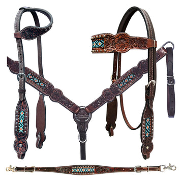 Bar H Equine American Leather Horse Saddle Tack One Ear Headstall | Breast Collar Browband Wither Strap Set BER229